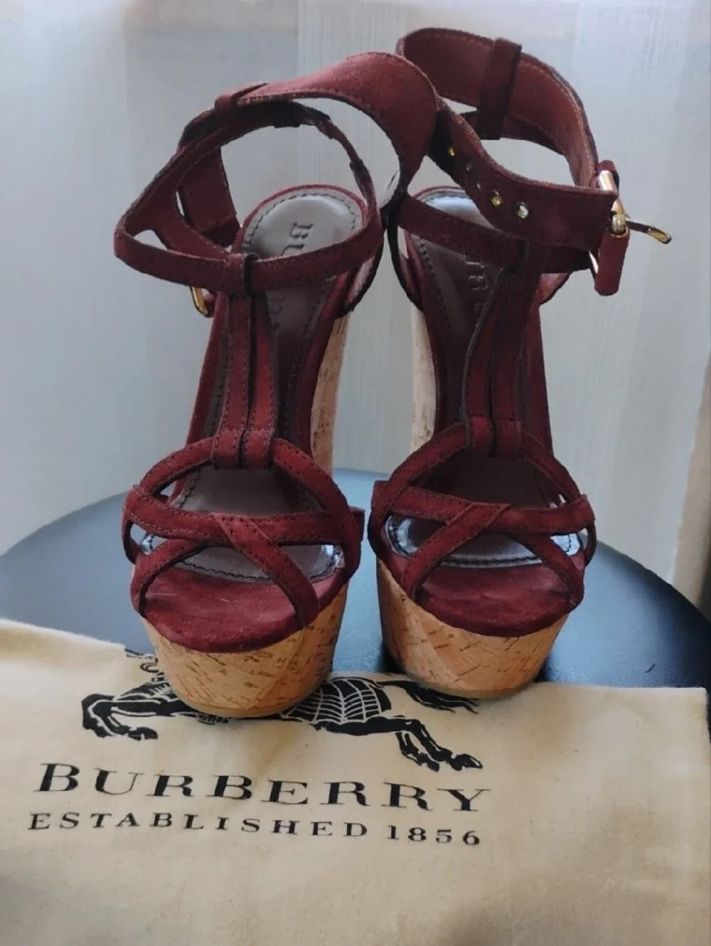 Burberry Burgundy Suede Cork Wedge Sandals